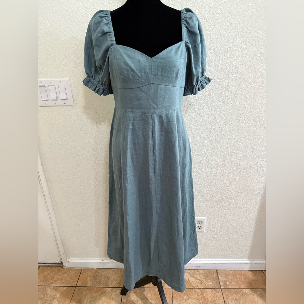 Boden Sweetheart Neckline Linen Puff Sleeve Midi Dress In A Sea green Color
